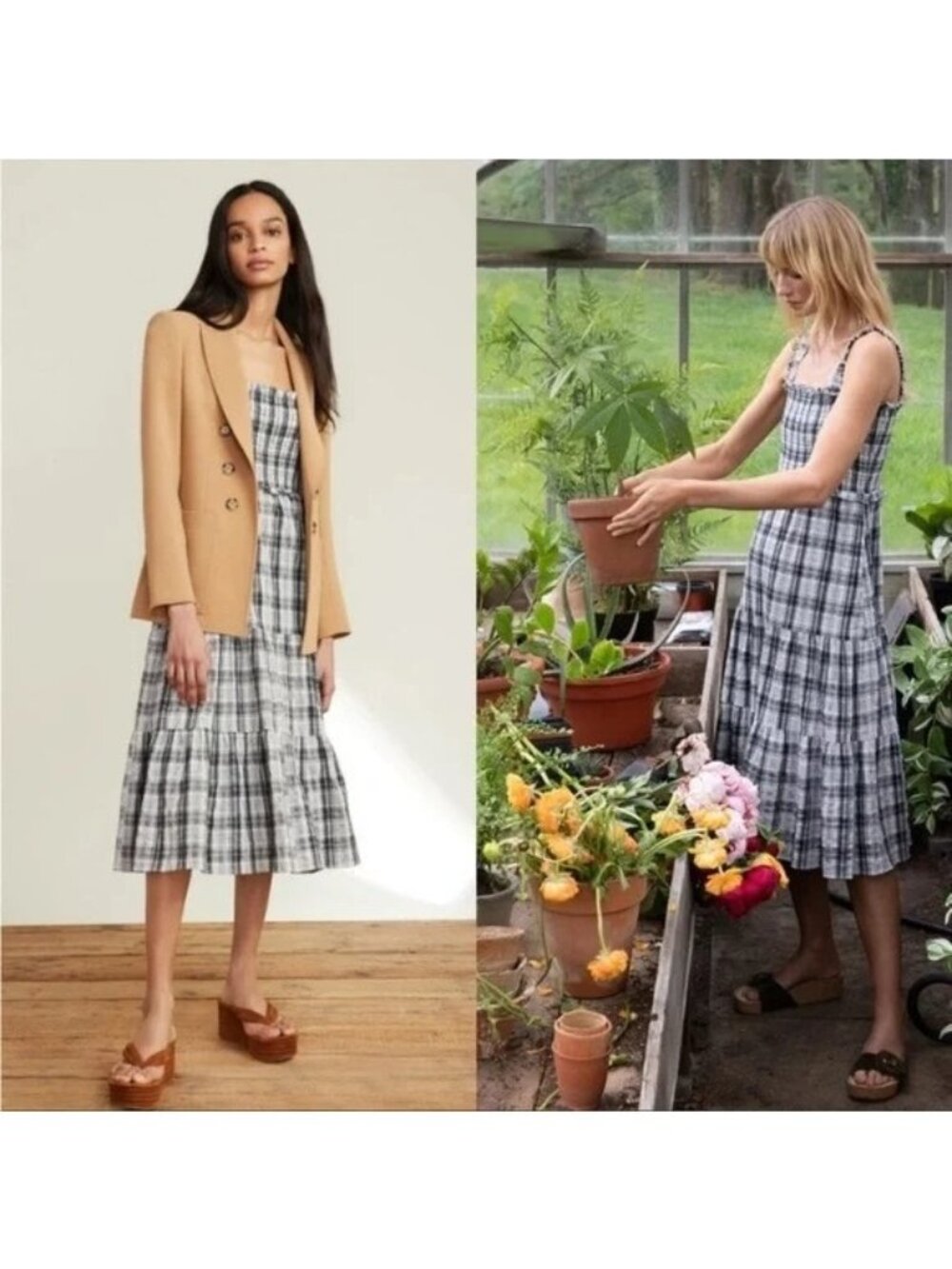 Veronica Beard Ziada Plaid Smocked Tiered Midi Sleeveless Dress Size 0